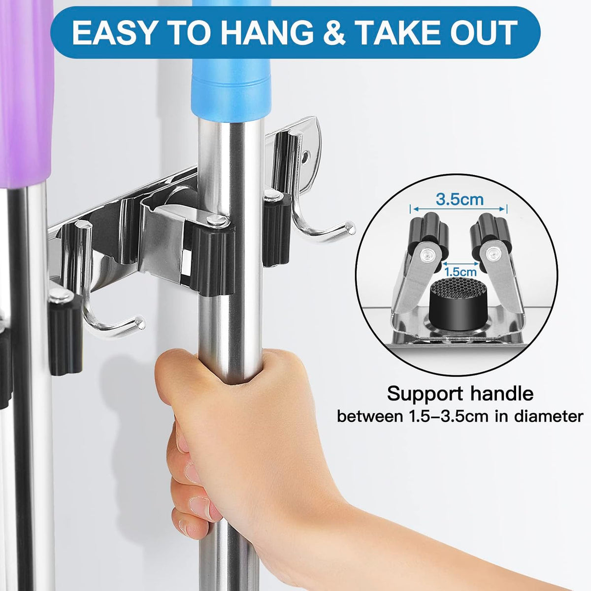 IMILLET 2 Pack Broom Holder Wall Mount Stainless Steel Mop Organizer
