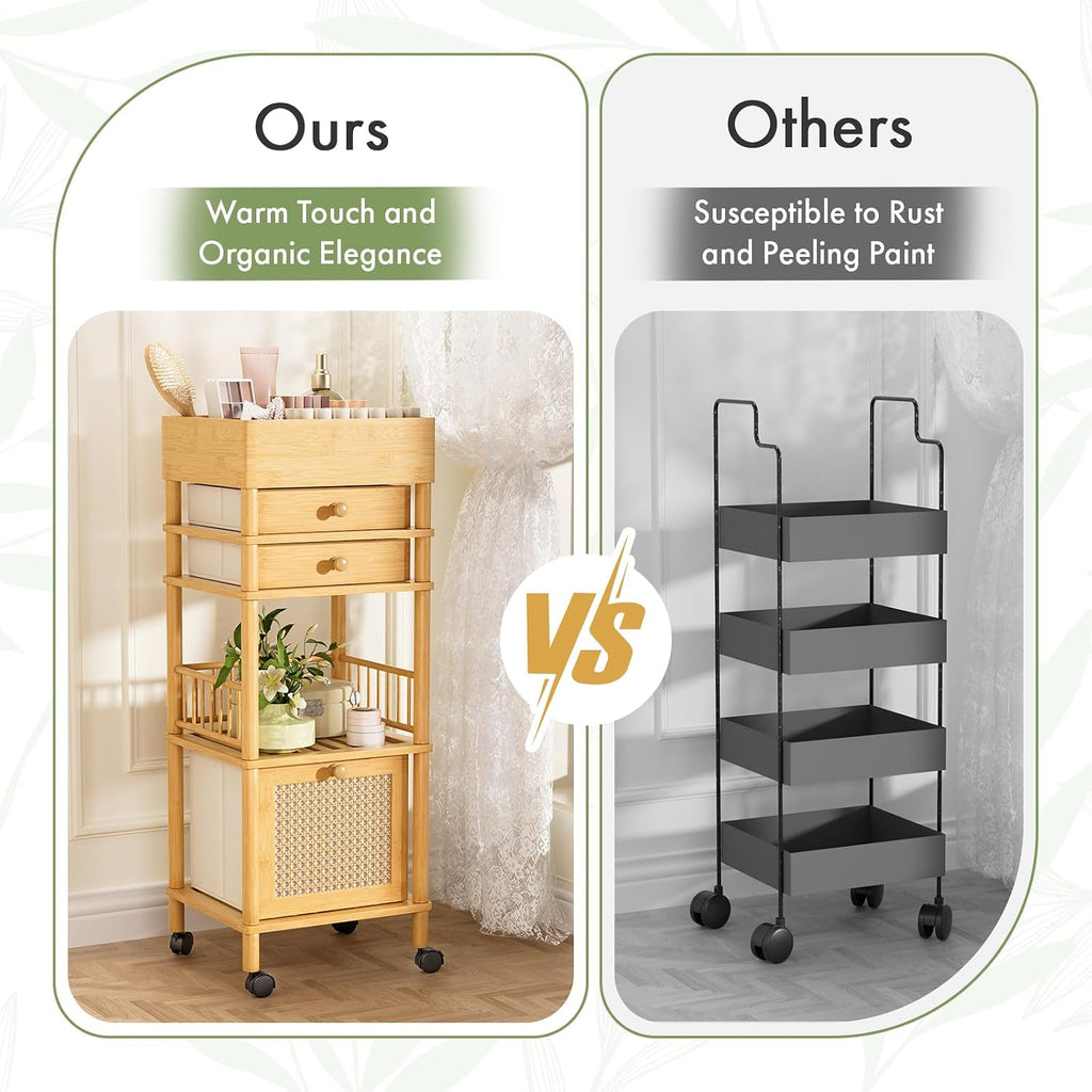 Bamboo Makeup Organizer Cart with 3 Drawers, Floor Skin Care Storage for Bathroom Bedroom, Rolling Vanity Organizer Cart for Cosmetic, Nail Polish, Perfume and Hair Tools