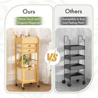 Bamboo Makeup Organizer Cart with 3 Drawers, Floor Skin Care Storage for Bathroom Bedroom, Rolling Vanity Organizer Cart for Cosmetic, Nail Polish, Perfume and Hair Tools