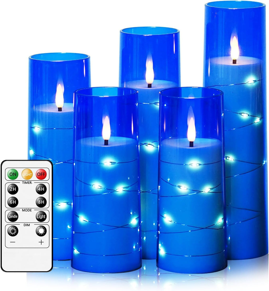 kakoya Flameless LED Candles with Timer 5 Pc Flickering Flameless Candles for Romantic Ambiance and Home Decoration Stable Acrylic Shell,with Embedded Star String，Battery Operated Candles（Blue）
