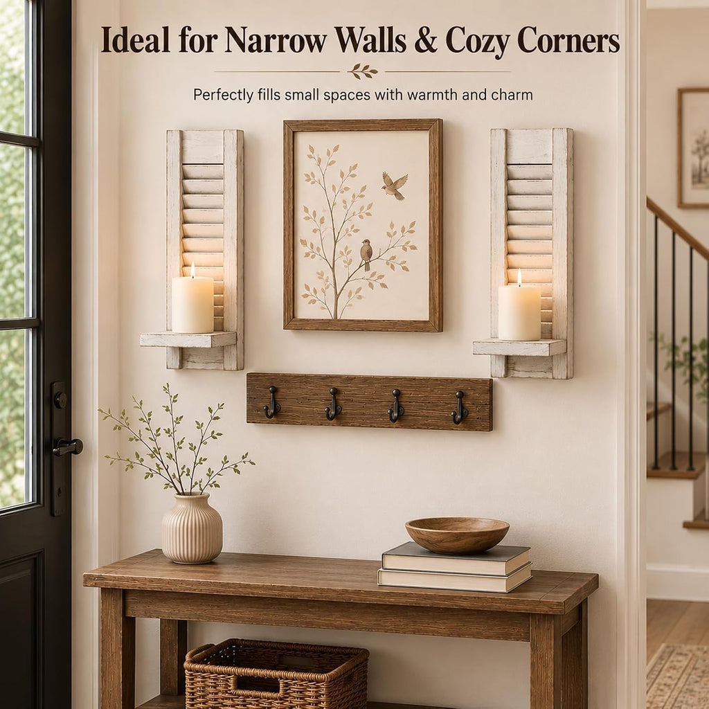 Farmhouse Wall Candle Holders Set of 2, White Wood Shutter Decor