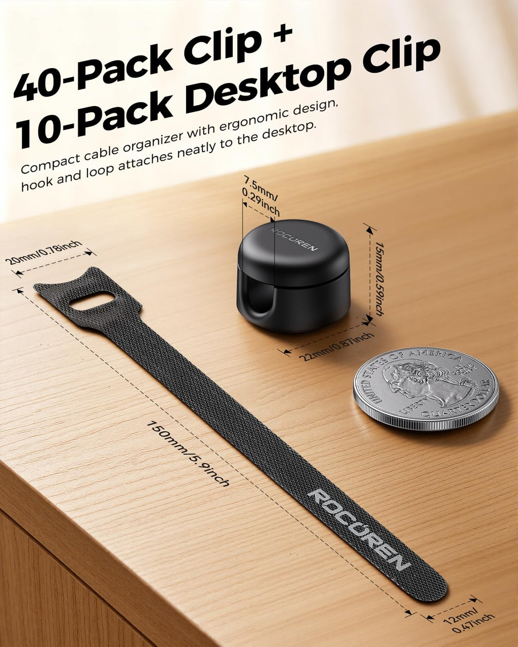 Rocoren 50‑Pack Rotatable Cable Clips & Cord Straps Cable Management Kit