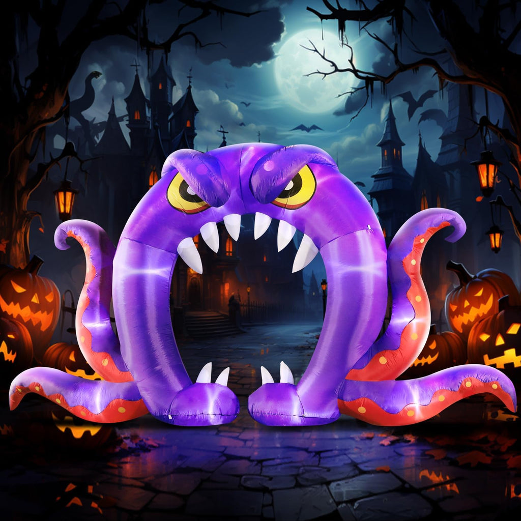 DomKom Halloween Inflatable Blow Up Decorations, 16FT Long 8FT Tall Purple Monster Octopus Archway, Built-in LEDs for Holiday Party, Garden, Lawn, Yard, Patio Décor