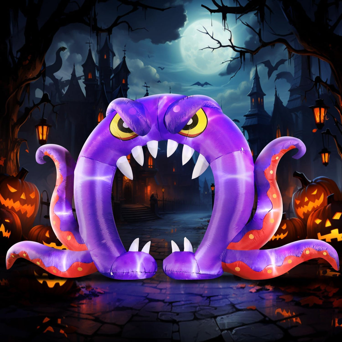 DomKom Halloween Inflatable Blow Up Decorations, 16FT Long 8FT Tall Purple Monster Octopus Archway, Built-in LEDs for Holiday Party, Garden, Lawn, Yard, Patio Décor