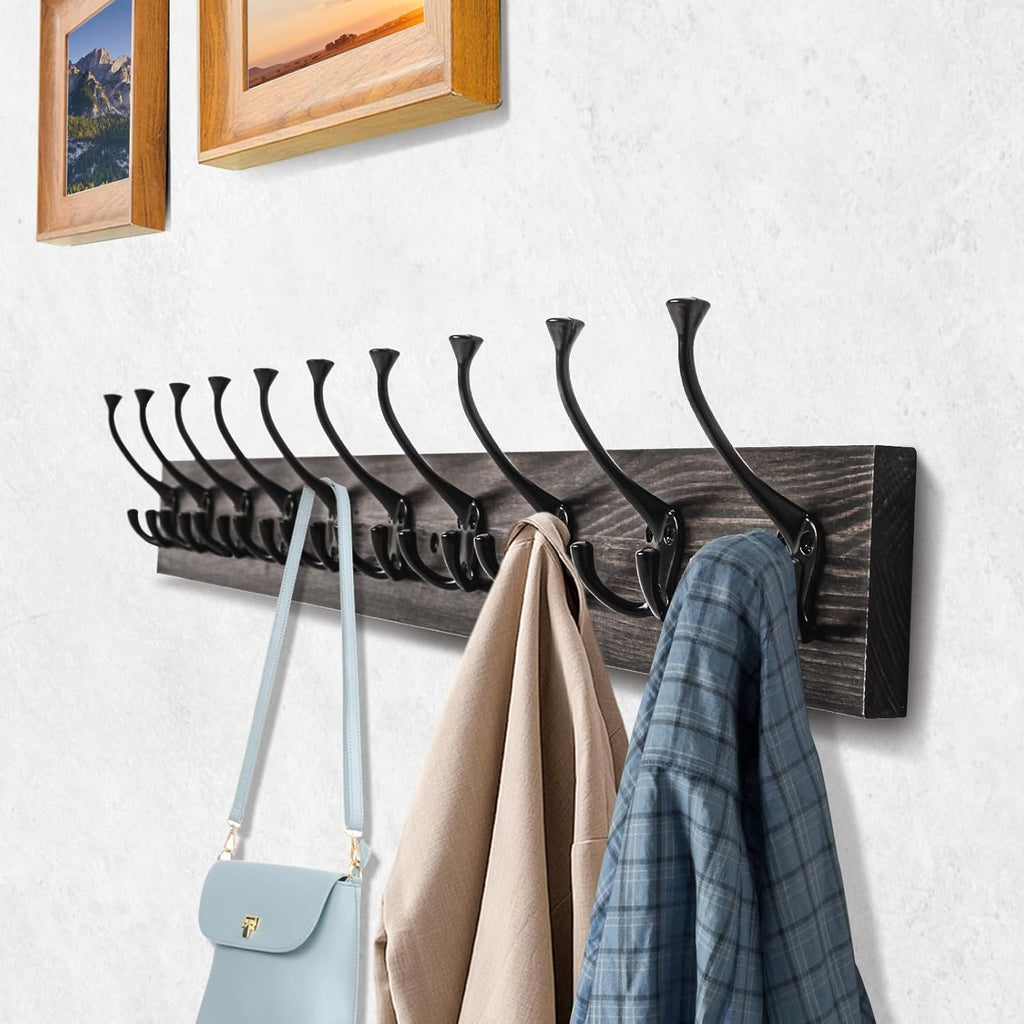 IBosins Vintage Wall Mounted Coat Rack, 34" Long with 10 Black Tri-Hooks
