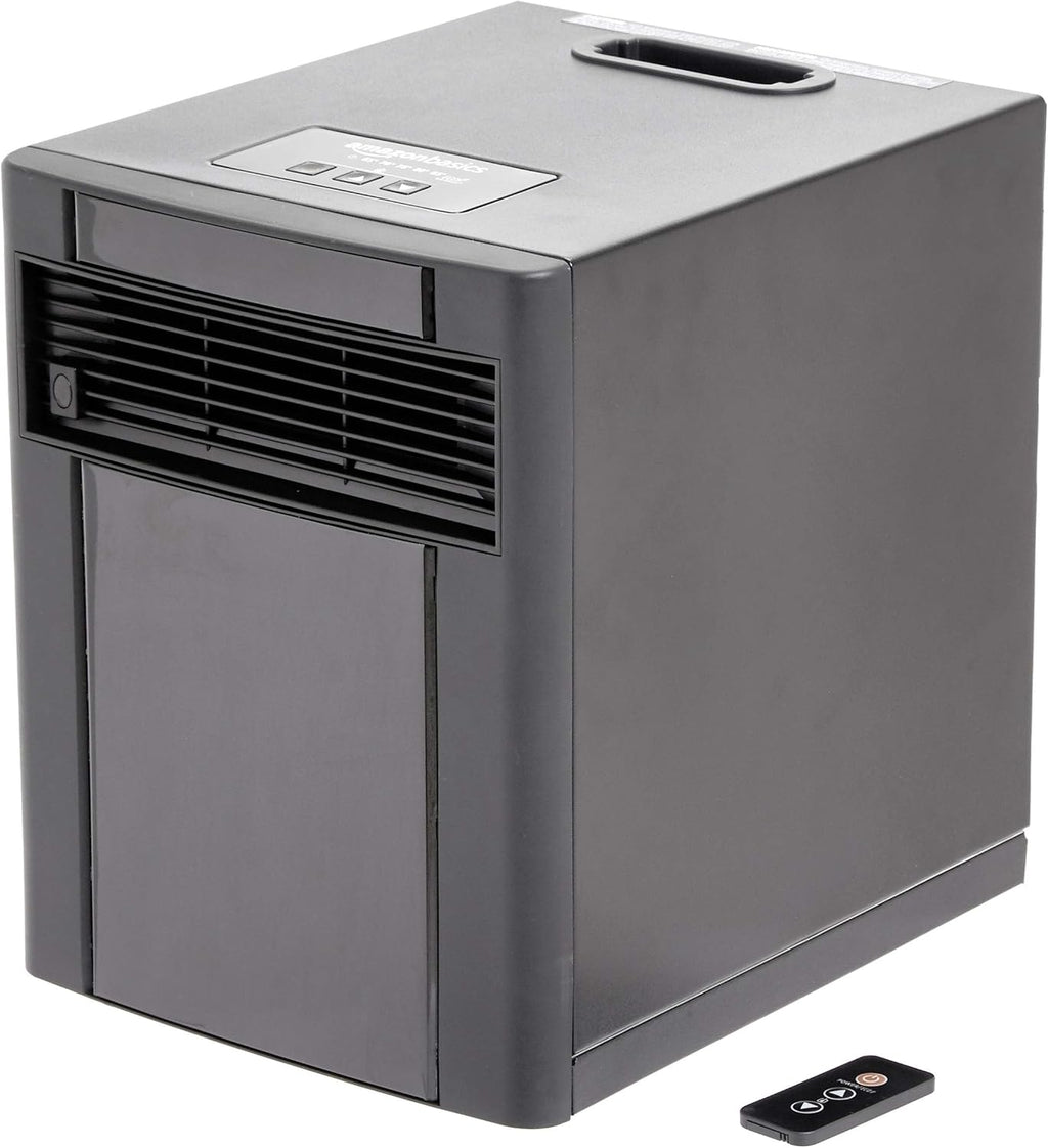 Amazon Basics Portable Space Heater with Remote Control, Adjustable Thermostat, Indoor Use, Energy-Saving Setting, LED Display, Classic Wood Casing, 1500W, 12"D x 13"W x 16"H, Brown
