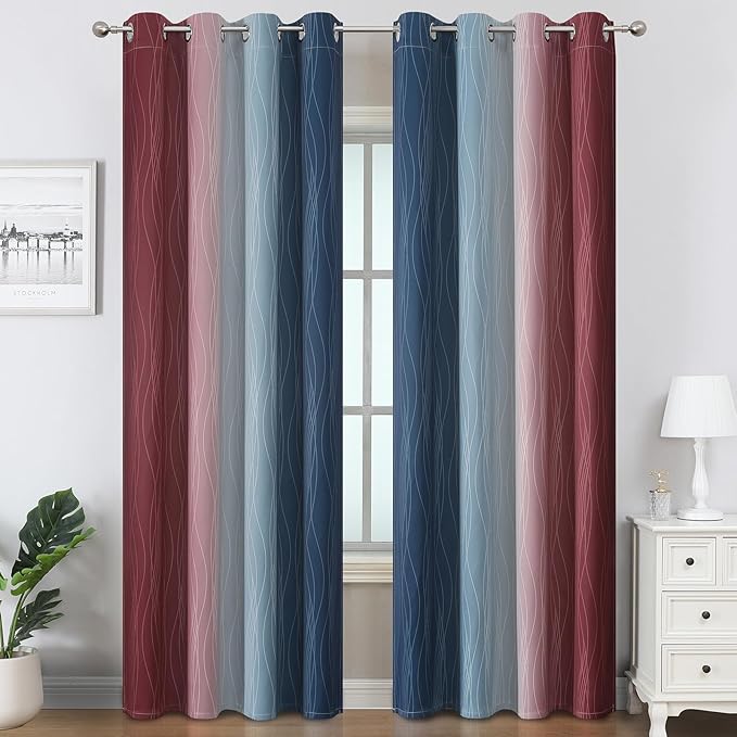 Estelar Textiler Navy Blue and Burgundy Red Ombre Blackout Curtains & Drapes - Image 2