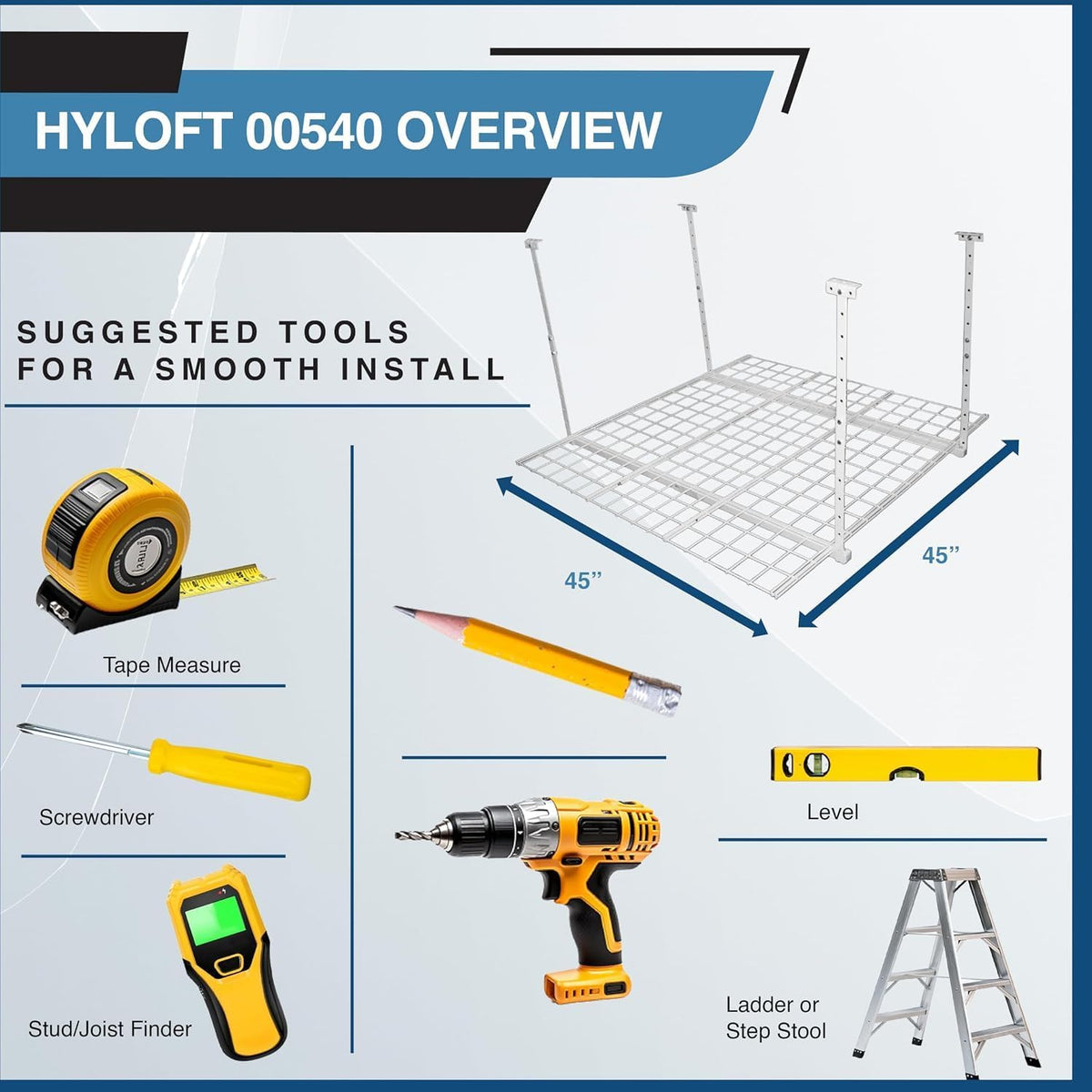 Hyloft Overhead Steel Garage Storage System, Ceiling Rack, 45-Inch x 45-Inch, 00625, Hammertone