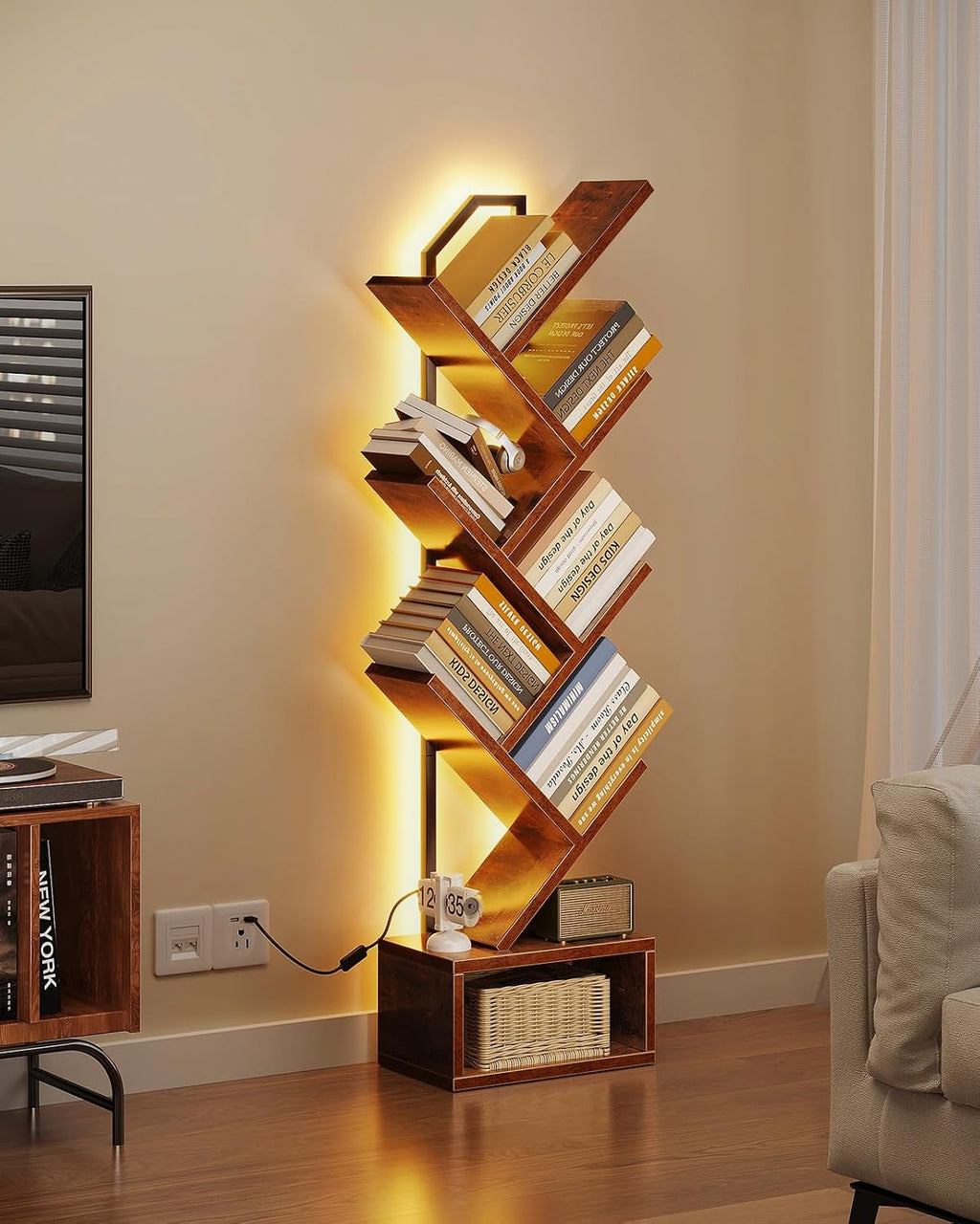 Casaottima Tree Bookshelf with LED Lights, 6-Tier Small Bookshelf, Vintage