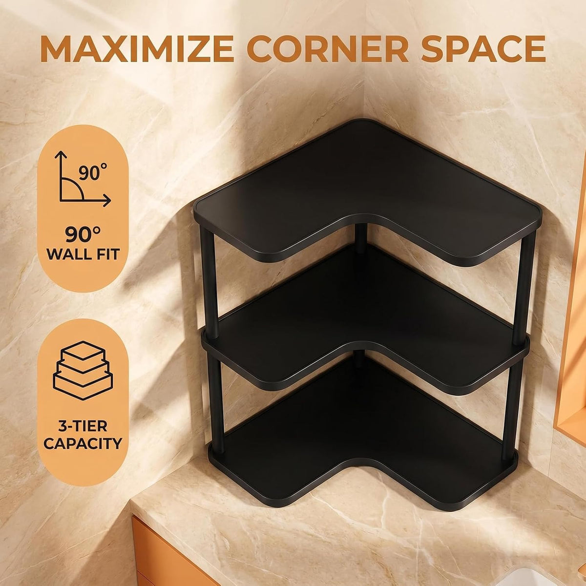 3 Tier Bathroom Organizer and Storage,Vanity Corner Shelf,Black