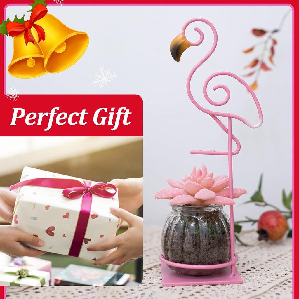 Tabletop Pink Flamingo Planter Propagation Station, Glass Vase Metal Stand