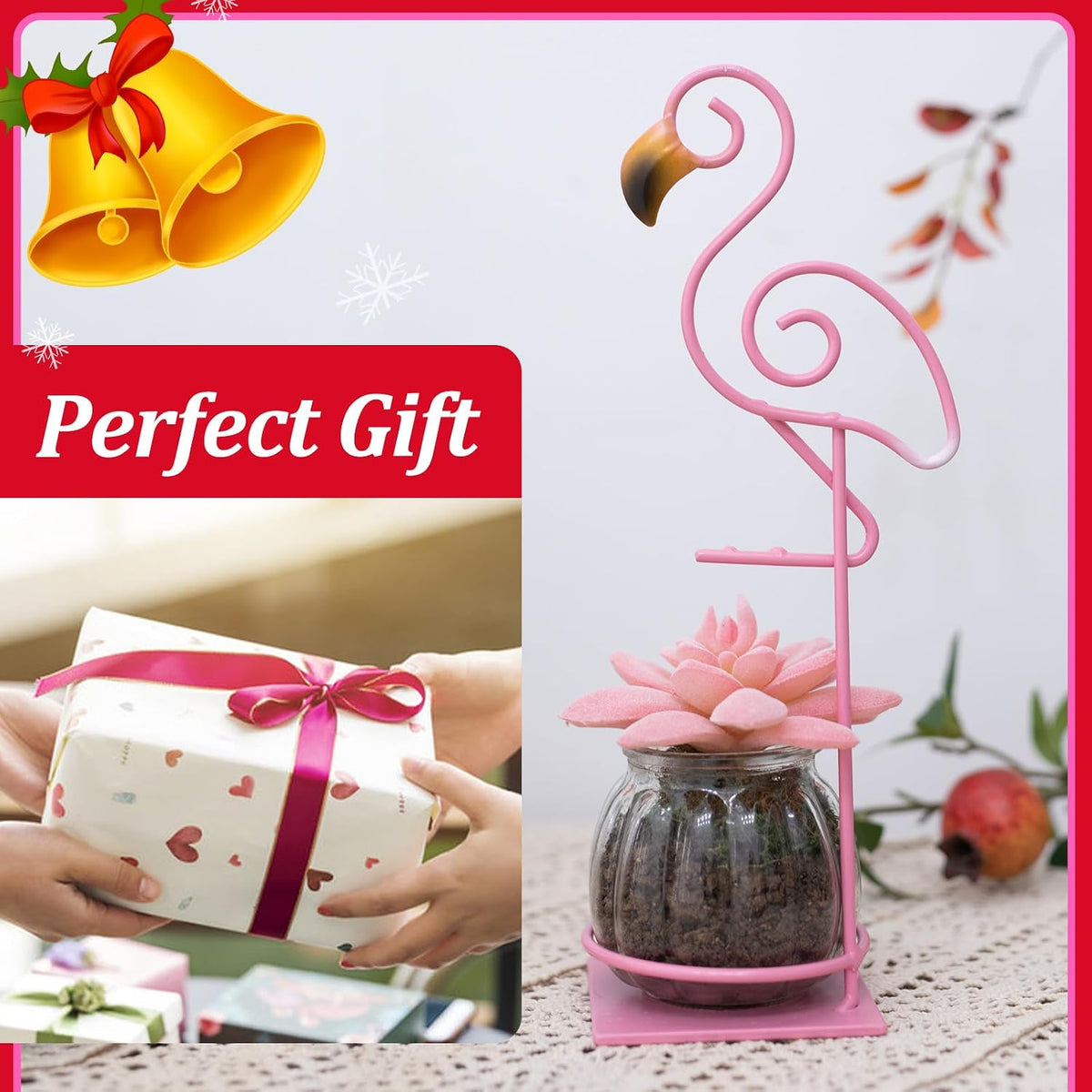 Tabletop Pink Flamingo Planter Propagation Station, Glass Vase Metal Stand