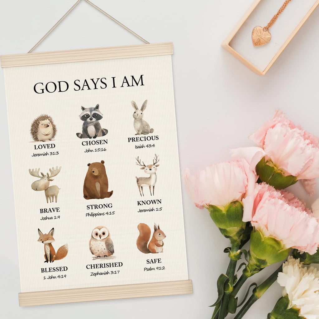 Woodland Christian Wall Art for Nursery, 11x17in Oxford Cloth Hanging Banner with Bible Verses, Woodland Animal Forest Theme Scripture Decor for Kids Bedroom, Prayer Room, Nursery & Spiritual Gifts