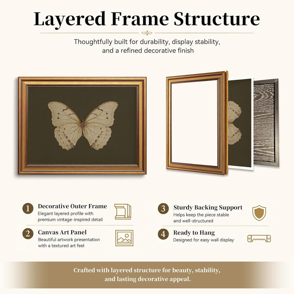 Vintage Butterfly Wall Art Gold Framed Canvas Print 8x10 inch