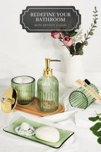Designer Green Glass Bathroom Accessories Sets - 4 Pcs with Lotion Soap Dispenser, Bathroom Toothbrush Holder, Vanity Tray, and Apothecary Jar, Vintage Bathroom Decor