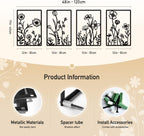 Black Metal Botanical Wall Art, Boho Farmhouse Flower Bathroom Wall Decor