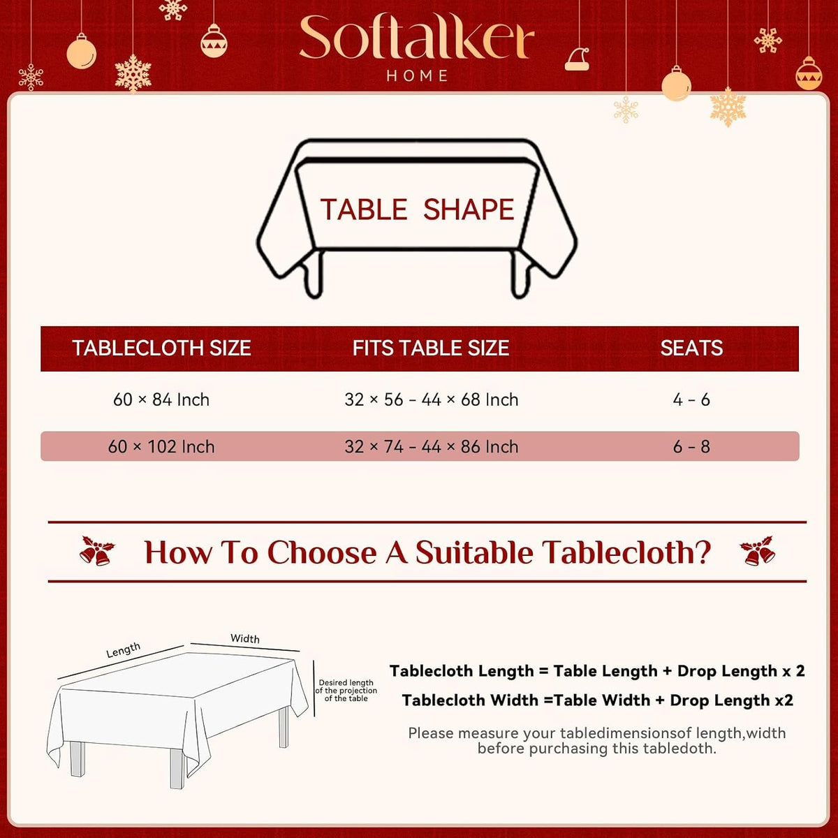Softalker Christmas Rectangle Tablecloth 60 x 84 Inch, Snowman Red Plaid