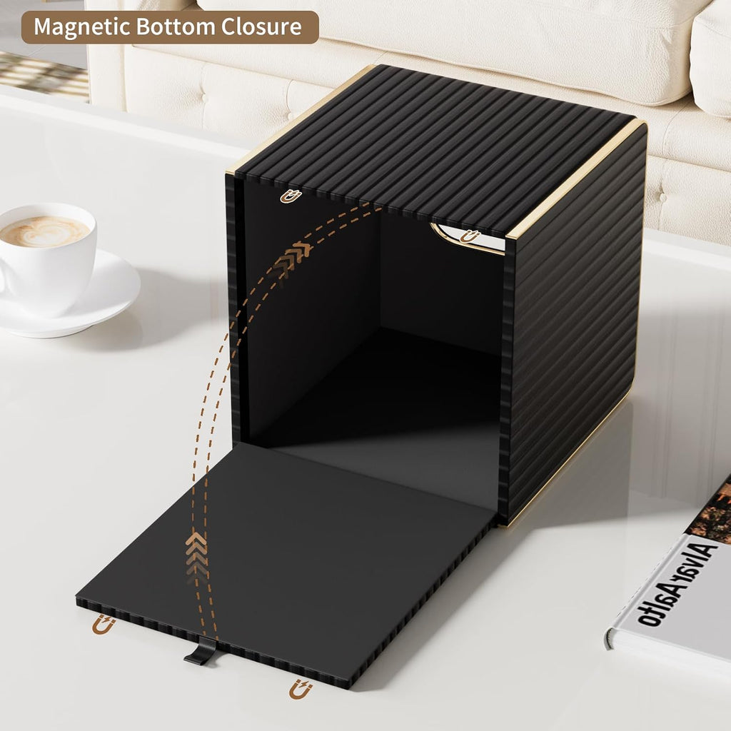 Tissue Box Cover,Black Square Luxury PU Leather Tissue Holder with Gold-Tone Edging Accents,Tissue Box Cover for Bathroom Toilet Bedroom Living Room Table Desk Office,Coffee Table Decor