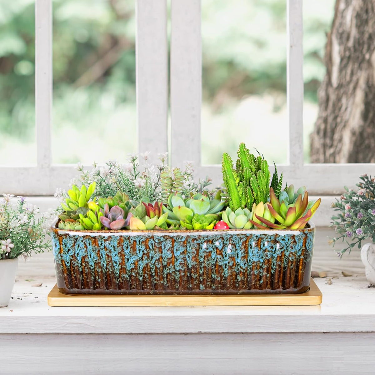 Succulent Pots, 12'' Long Rectangle Planters with Tray, Windowsill Planter