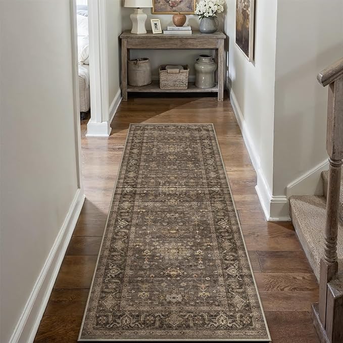 2x7 Washable Runner Rug for Hallway Kitchen Vintage Brown Non Slip Low Pile - Image 3
