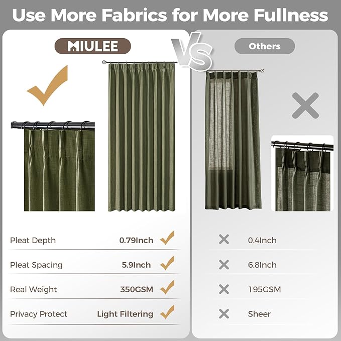 MIULEE Olive Green Pinch Pleated Thick Linen Curtains 102 Inches Long 2 Panels - Image 6