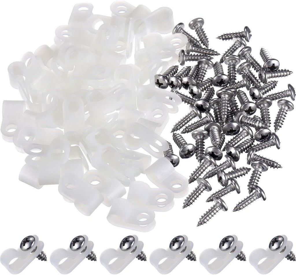 Hicarer 100 Pcs R-Type Cable Clips with Screws, 1/4" Wire Cord Organizer