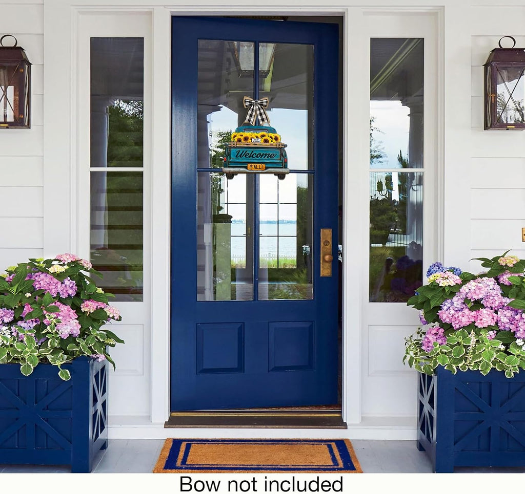 Interchangeable Welcome Sign for Front Door Blue Farmhouse Truck Decor Hanging Sign with 11 Interchangeable Seasonal and Holiday Decor Signs 12x14 in. (Blue Farmhouse Truck)
