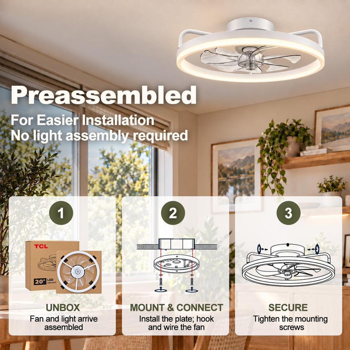 TCL 20 Inch Low Profile Ceiling Fan with Light, White