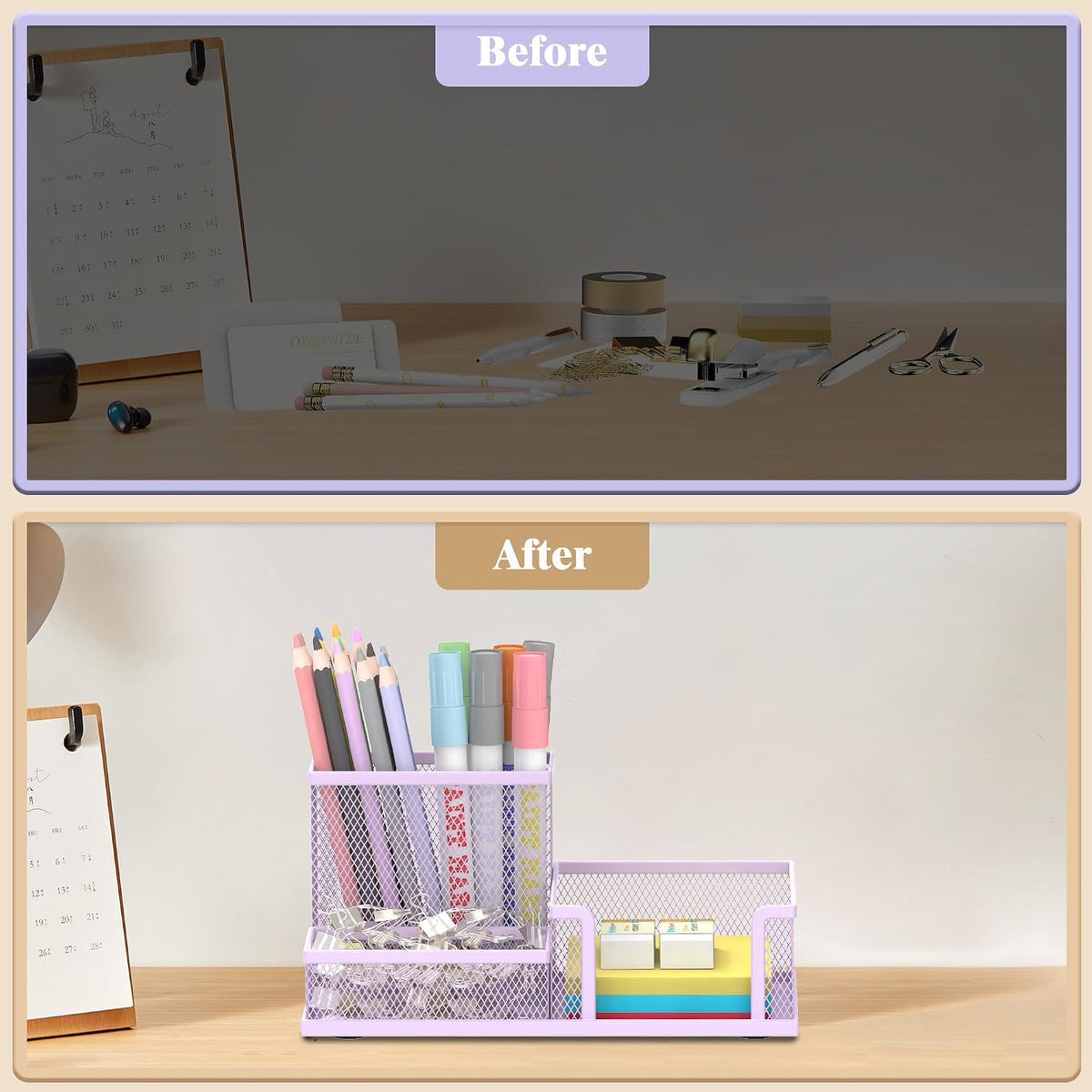 Mesh Pen Holder Desk Organizer, Office Supplies Pencil Storage with 3 Compartments, Office Desk Accessories and Workspace Organizers for Home School Classroom, Purple