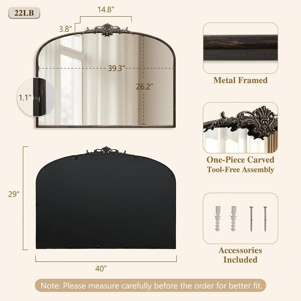 Besdomus Vintage Arched Black Mirror: 40"x29" Large Arch Antique Decorative