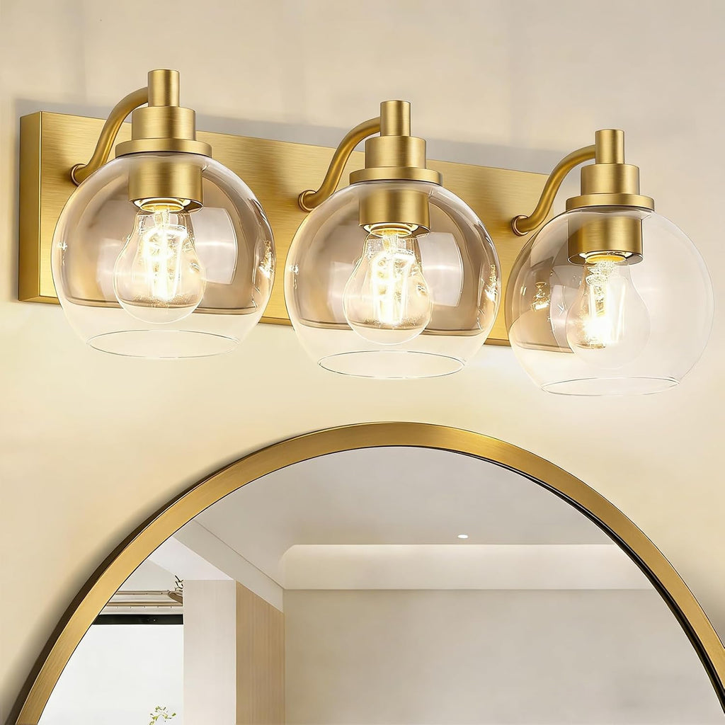 IZORRO Bathroom Light Fixtures, 3-Light Brushed Gold Vanity Light, Modern Wall Sconces with Globe Clear Glass Shade, Vanity Lighting Fixtures Over Mirror,E26 Bulb Socket