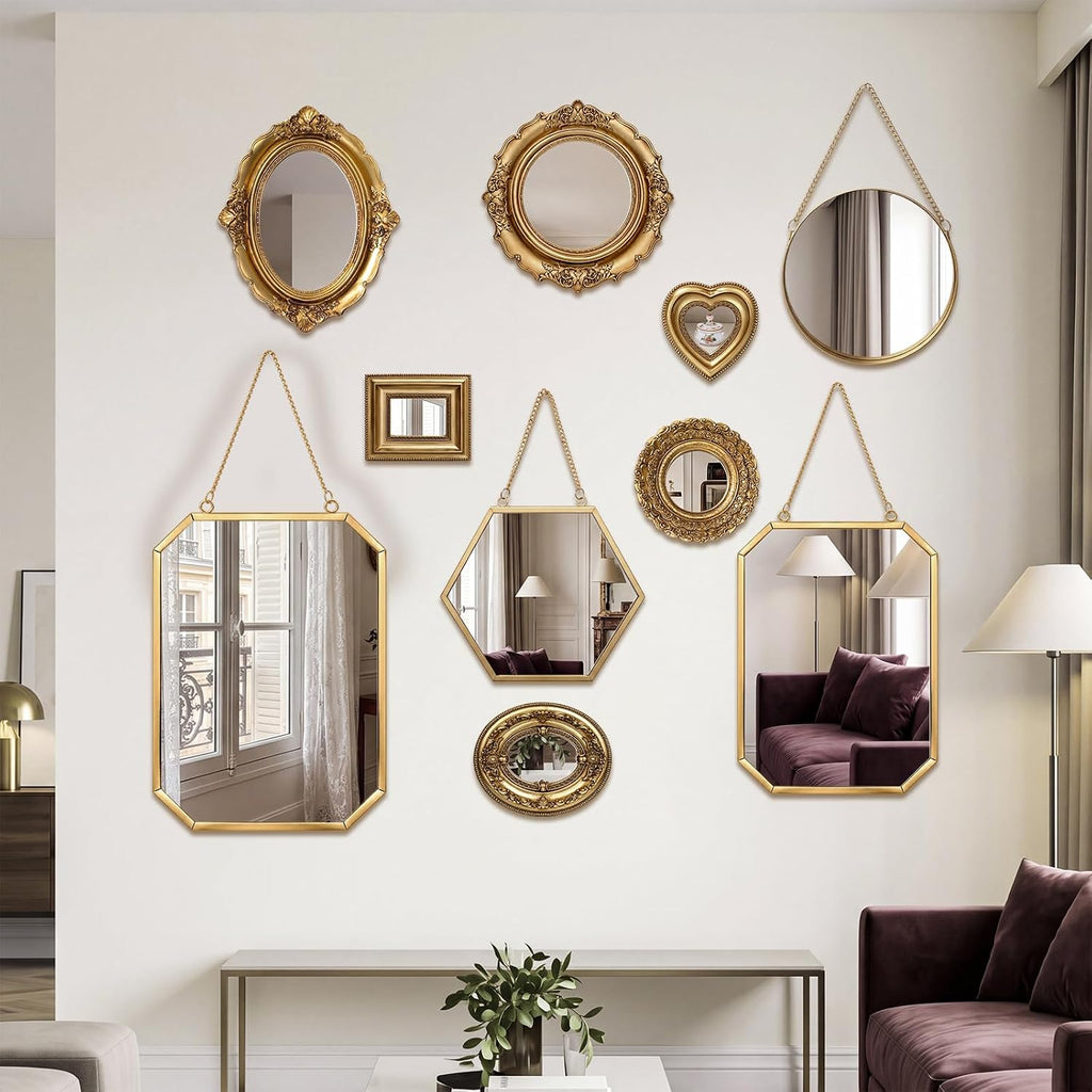 5 Pcs Vintage Gold Wall Mirror Set, 13in/8in/7in/4in, Classic Style