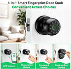 Smart Door Knob Fingerprint Lock 4-in-1 Keyless Entry (Fingerprint/App/Code/Key) Biometric Door with Auto-Lock Easy Install for Home/Bedroom/Office-Black
