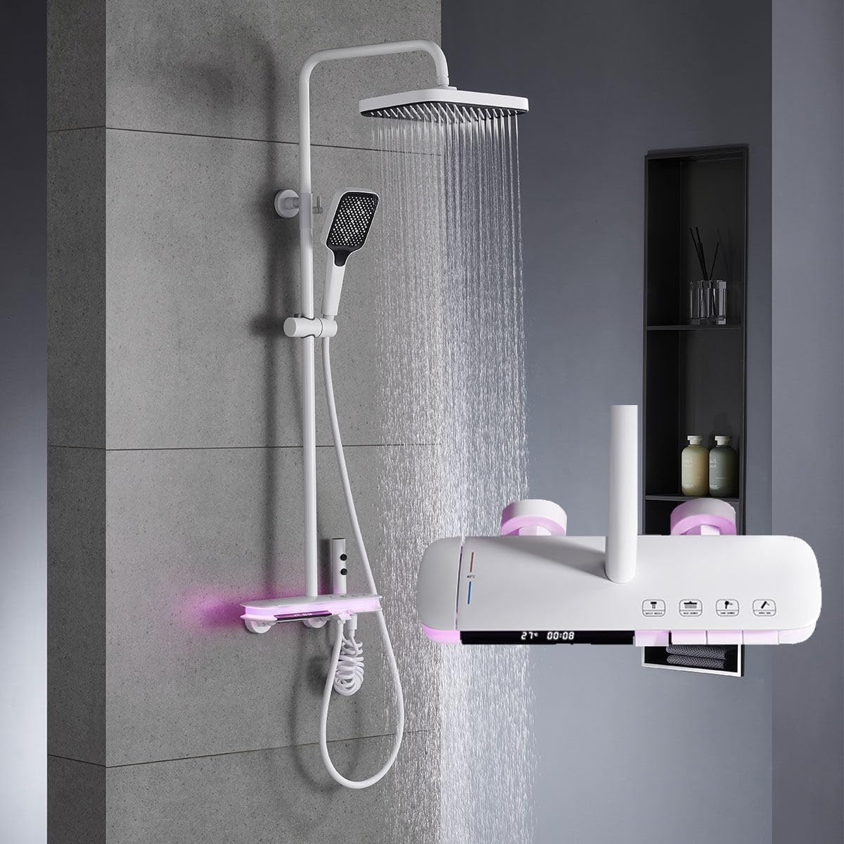 BEITH Thermostatic Shower System, 4 Piano Keys UFO Shower Faucet Set, 31x20cm Square Shower Set, Digital Display, 360° LED Ambient Light, Hydroelectric Power, with Bathtub Faucet (Brushed Gold)