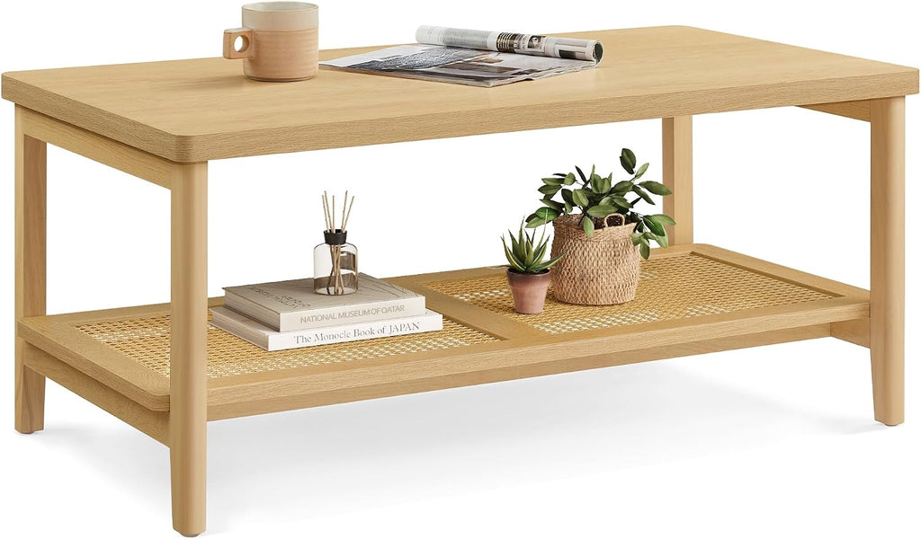 VASAGLE Coffee Table, 2-Tier Center Table with Storage, Tapered Legs