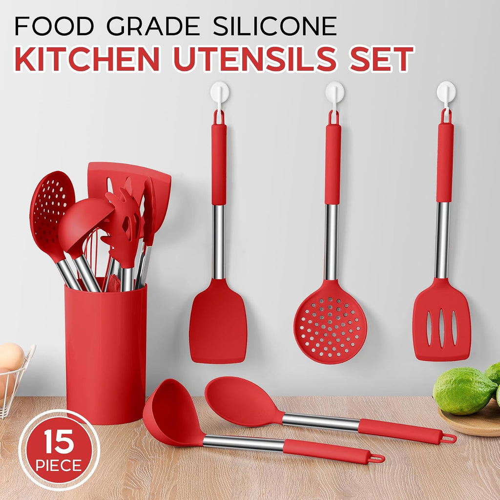 Onader 15 Pcs Silicone Cooking Utensils Set, Red Kitchen Utensils Spatula Set with Holder, Large Kitchen Gadgets Tools for Nonstick Cookware