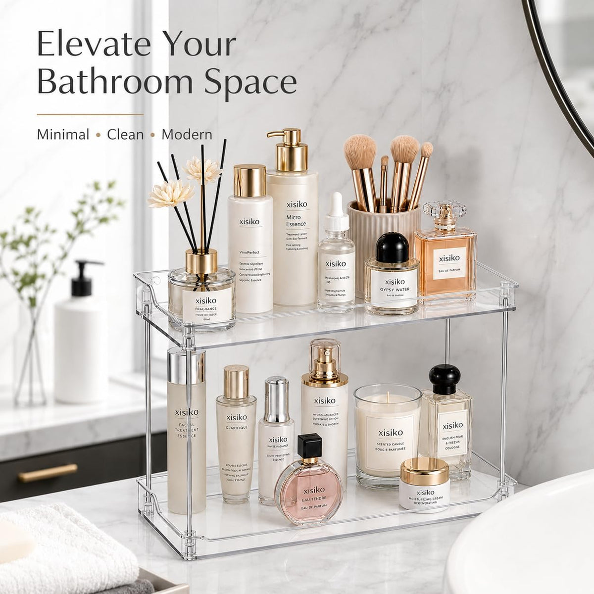 2 Tier Clear Bathroom Counter Organizer, Vanity Organizer for Skincare Makeup Perfume, Multi-Purpose Storage Shelf for Bathroom Kitchen Bedroom