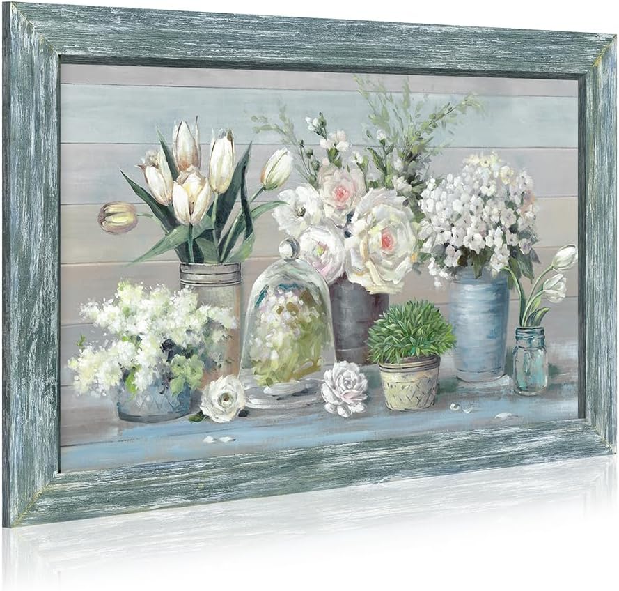 Floral Bouquet Wooden Framed Picture: Vintage Botanical Flowers in Crystal Vase Wall Art Artwork Print Rustic Abstract Nature Plant Painting for Living Room Bedroom Farmhouse