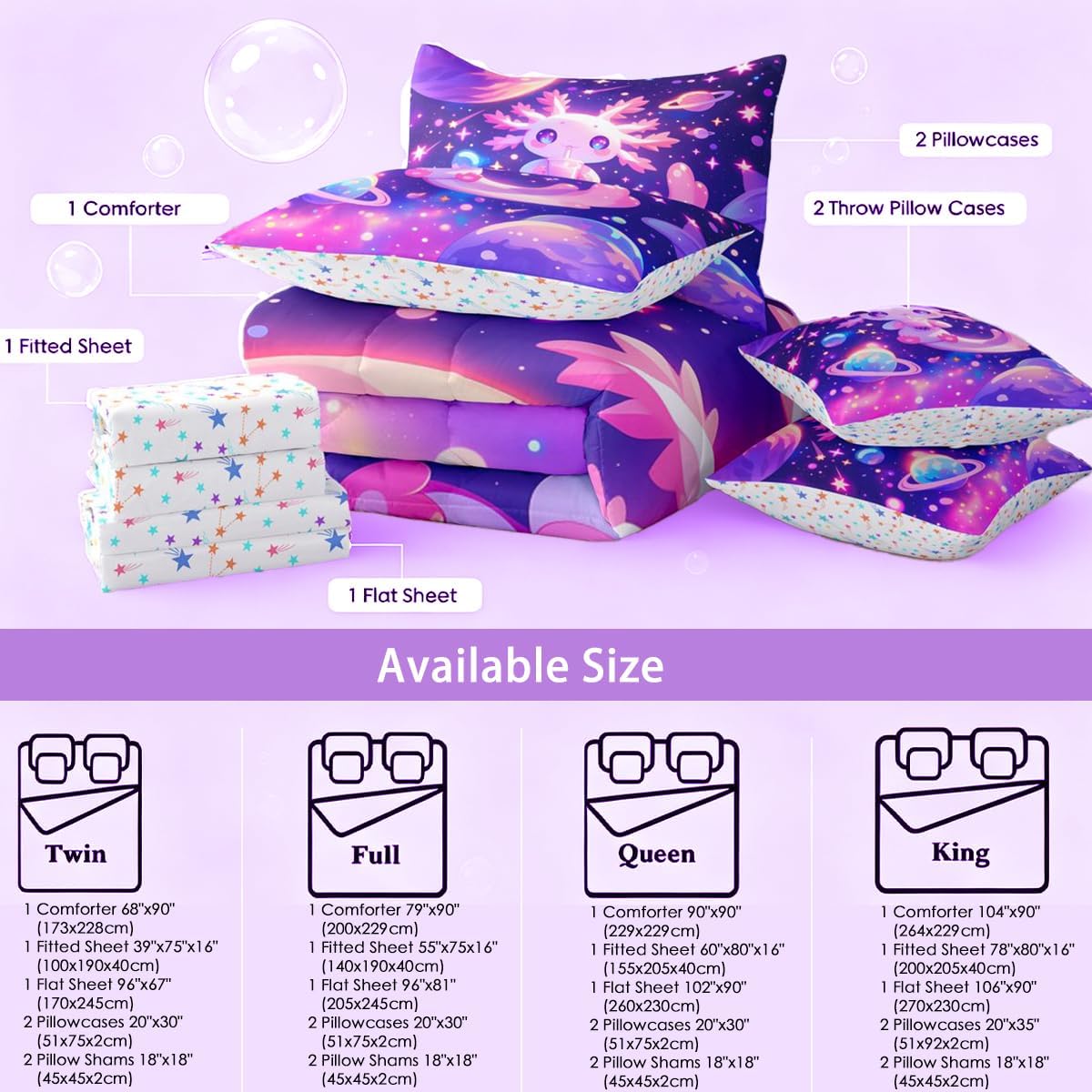 Feelyou Kids Cute Axolotl Comforter Set with Sheets Twin Size, Galaxy Planet Space 7 Pieces Bedding Set Boys Girls Cartoon Animal Bed in A Bag Dreamy Starry Teens Bed Set Bedroom Decor 7Pcs