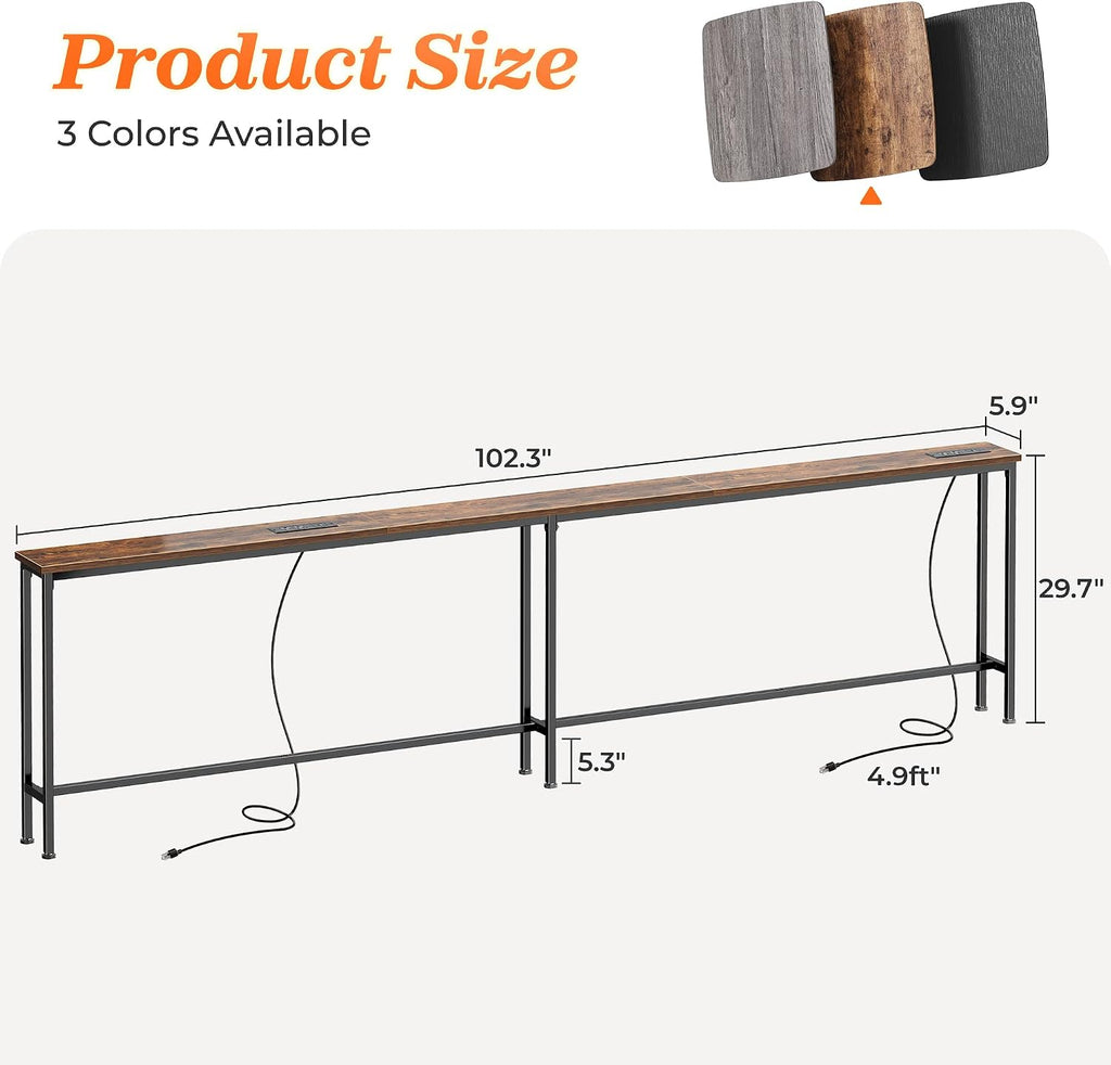 SUPERJARE 102 Inch Sofa Table with 2 Power Outlets and USB-C Ports