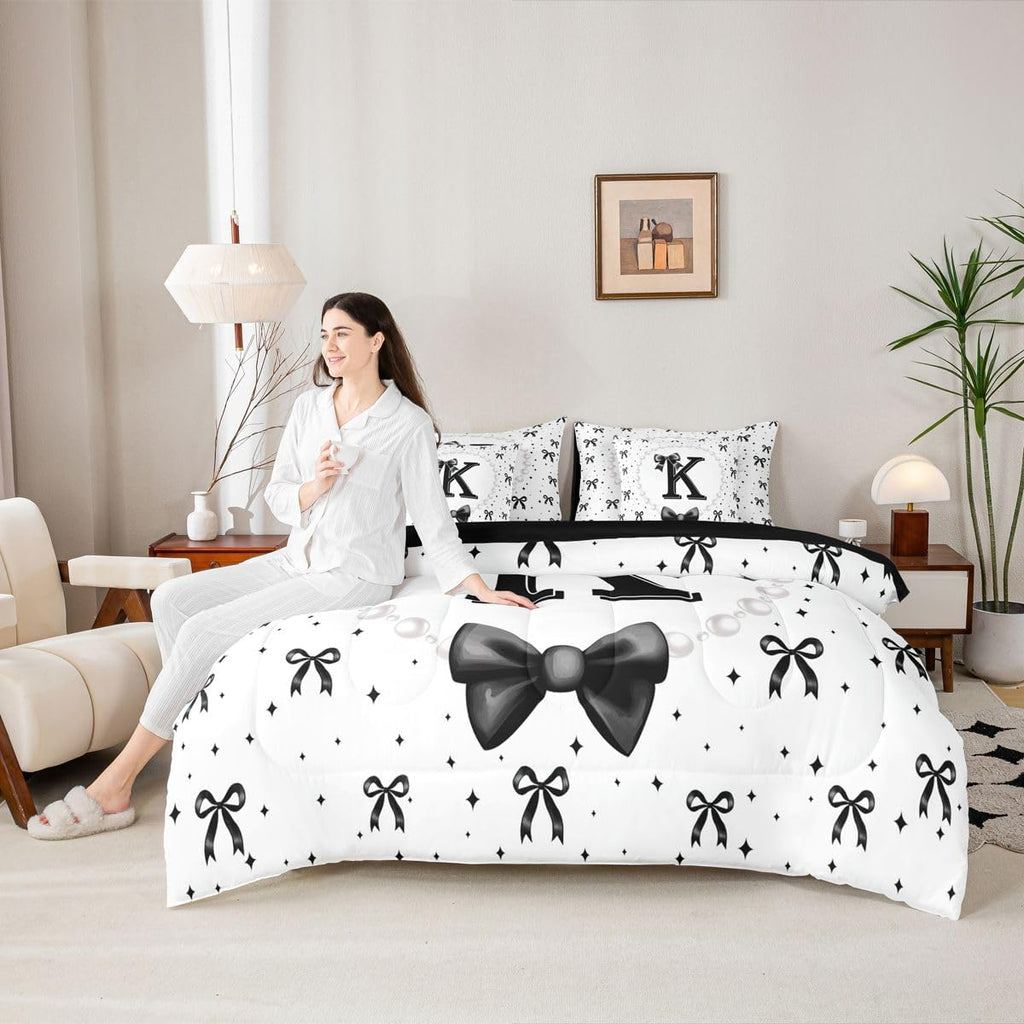 Erosebridal Black Bow Initial K Twin Bedding Set with Sheets - Coquette Ribbon Bows Comforter Set 7 Piece for Girls Kids, Black and White Bow Tie Fitted Flat Sheet, Personalized Bowknot Bed in a Bag
