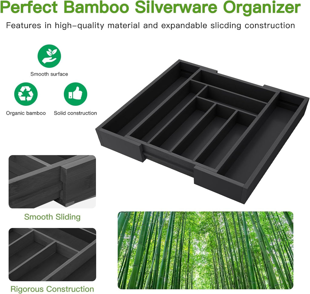 Pipishell Expandable Bamboo Silverware Drawer Organizer, Black, Large