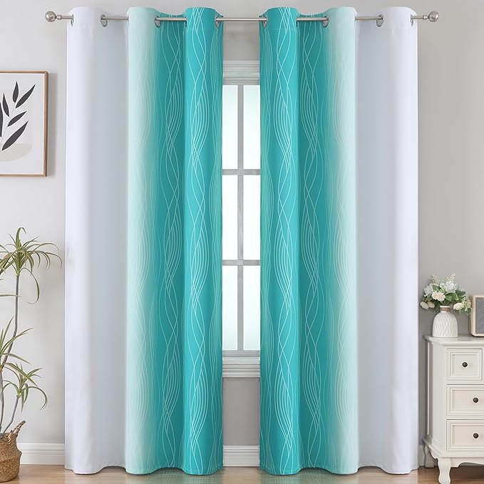 Estelar Textiler Teal and Greyish White Room Darkening Blackout Curtains 84 - Image 2