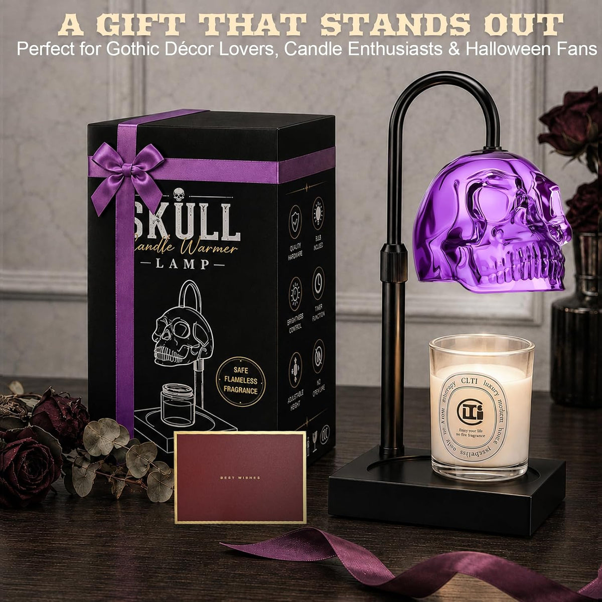 Skull Candle Warmer Lamp with Timer & Dimmer, Gothic Skull Wax Warmer Lamp for Jar Candles, Adjustable Height Skeleton Candle Light Warmer with 2 Bulbs, Spooky Goth Home Decor Gifts (Purple, 1pack)