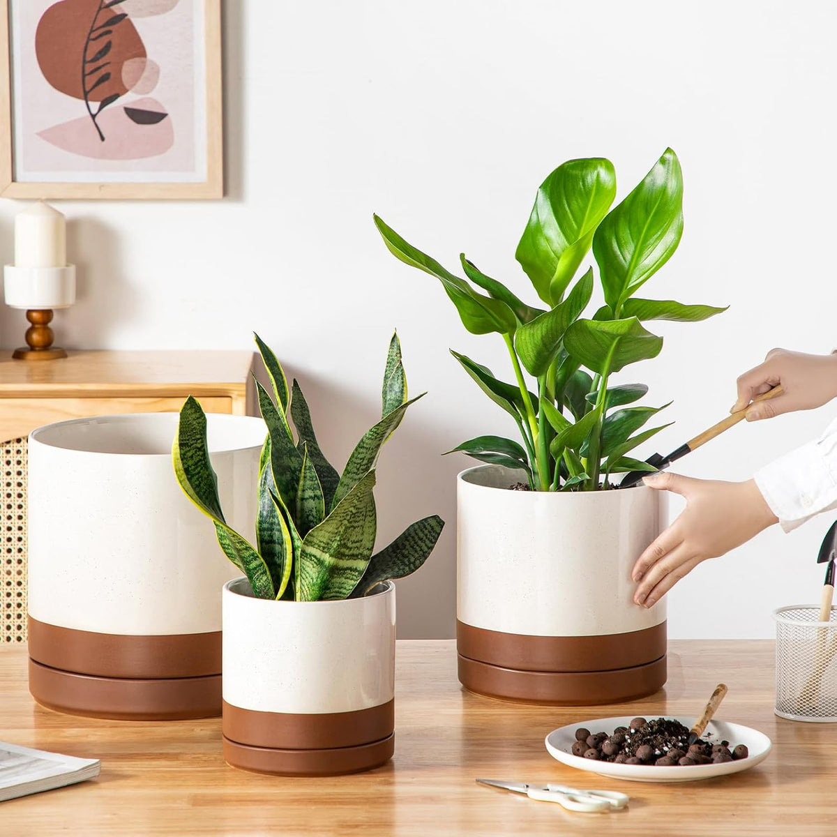 vancasso Ceramic Pots for Plants, Plant Pots for Indoor Plants, 6.25+8.25+10.25 Inch Ceramic Planters, Flower Pots with Drainage Holes, Planters Pot for Indoor House Plant, Set of 3, Khaki