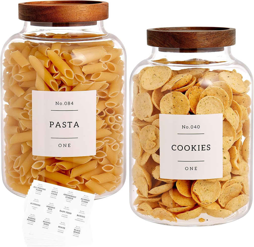 CZHQSMZ Set of 2 Large Glass Jar with Airtight Acacia Lid and 132 Kitchen Pantry Labels, Clear Glass Food Storage Jars Containers for Rice Flour Pasta Sugar Coffee Cookie and More(98 Fl Oz/2800 Ml)