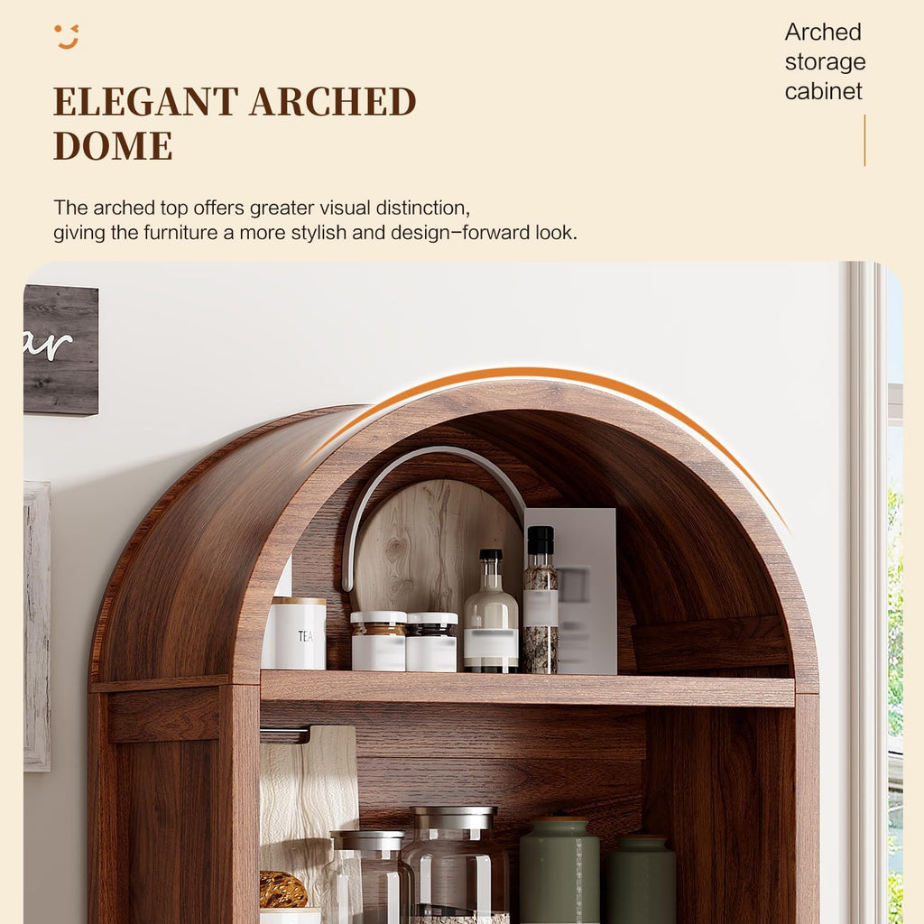 Ieejdn 71" Tall Arched Kitchen Pantry,Modern Fluted Wood Storage Cabinet with Doors,Adjustable Shelves,Organizer, Versatile Cupboard for Kitchen,Living Room,Dining Room,Bathroom,Brown