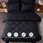 ELNIDO QUEEN® Queen Comforter Set Black - 7 Pieces Bed in a Bag Comforters Queen Size, Bed Set All Seasons, Black Bedding Sets with Comforter, Flat Sheet, Fitted Sheet, Pillowcases and Pillow Shams