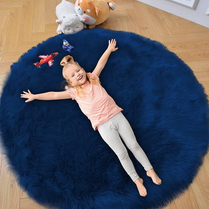 duduta Navy Blue Faux Sheepskin Round Rug 4x4 ft, Fluffy Shag Fur Bedroom - Image 5