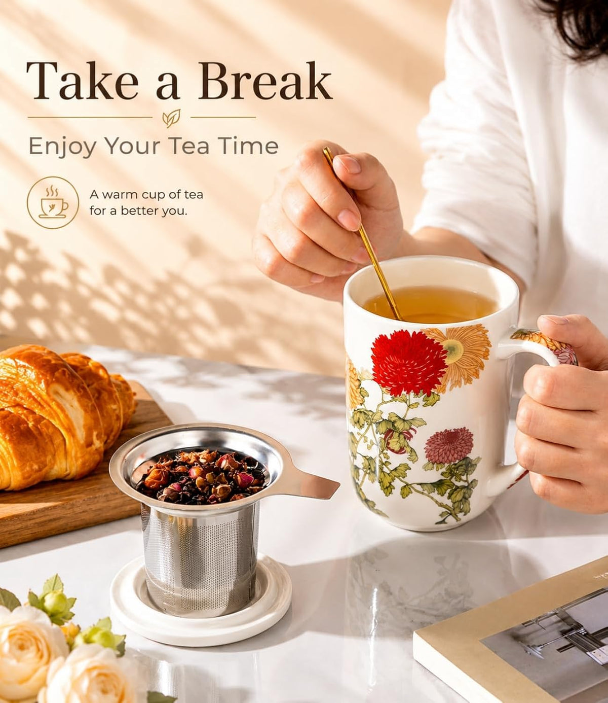 AmorArc Tea Cup With Infuser and Lid, 18oz Loose Leaf Tea Mug With Steeper